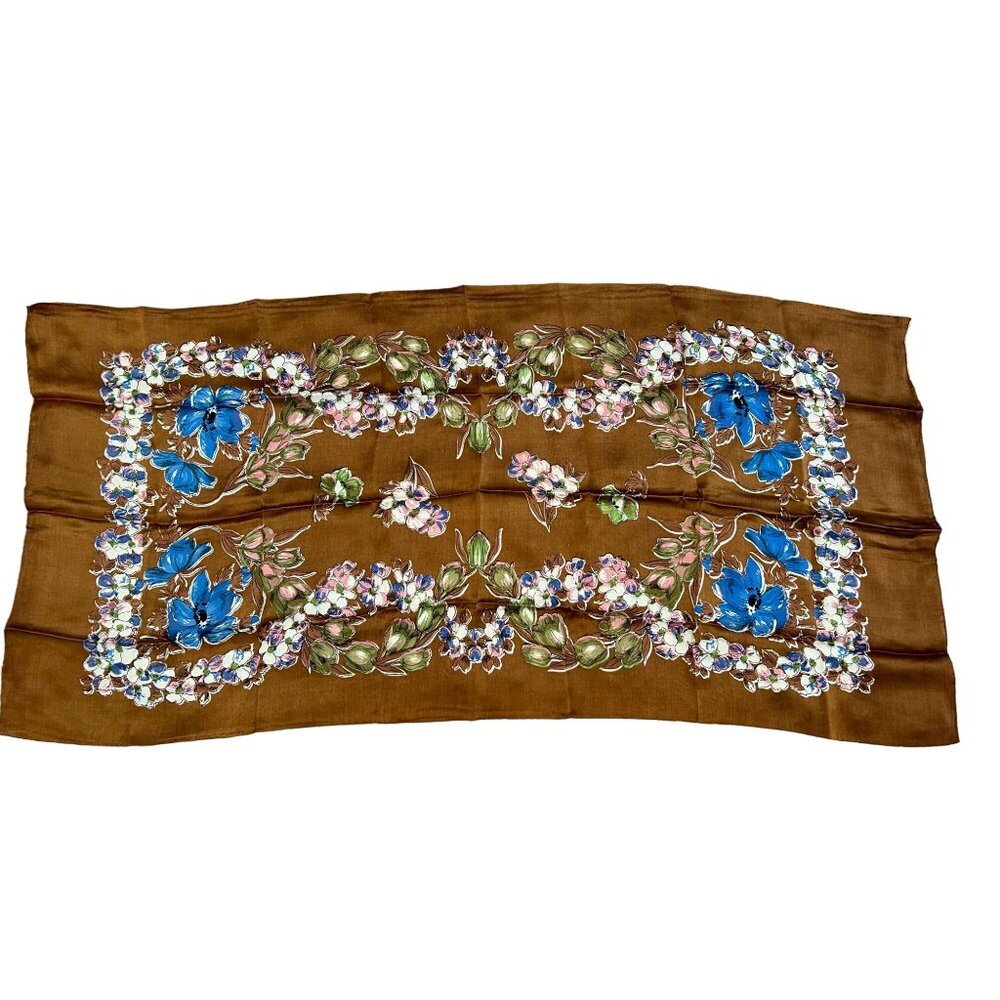 VTG Vanette Creations French Reproduction Hand Rolled Silk Scarf Brown Floral
